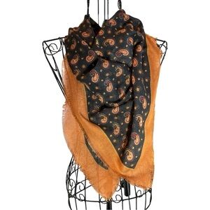 Vintage Retro Paisley Square Fringed Scarf Black Brown